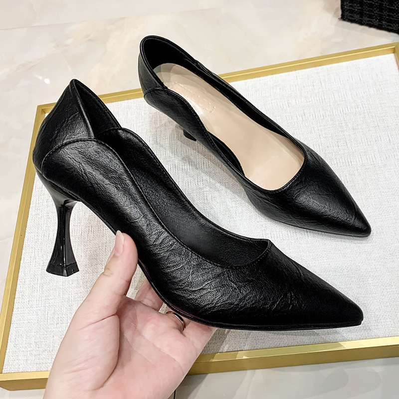 French Style Small High Heel Women's Shoes Fine Heel 2023 New Spring and Summer Professional Dress Black Single Shoes Work Soft Leather Shoes Middle Heel