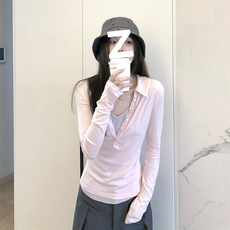 Korean-Style Pink Fake Two-Piece V-Neck Long-Sleeve T-Shirt for Girls, 2026 Early Autumn New Slim-Fit Slimming Base Shirt Top