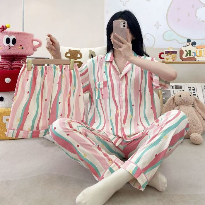 Venta al por mayor transfronteriza 120g pijamas de algodón de nube de verano de manga corta para mujer pantalones cortos de algodón de nube de verano de tres piezas servicio a domicilio de dibujos animados