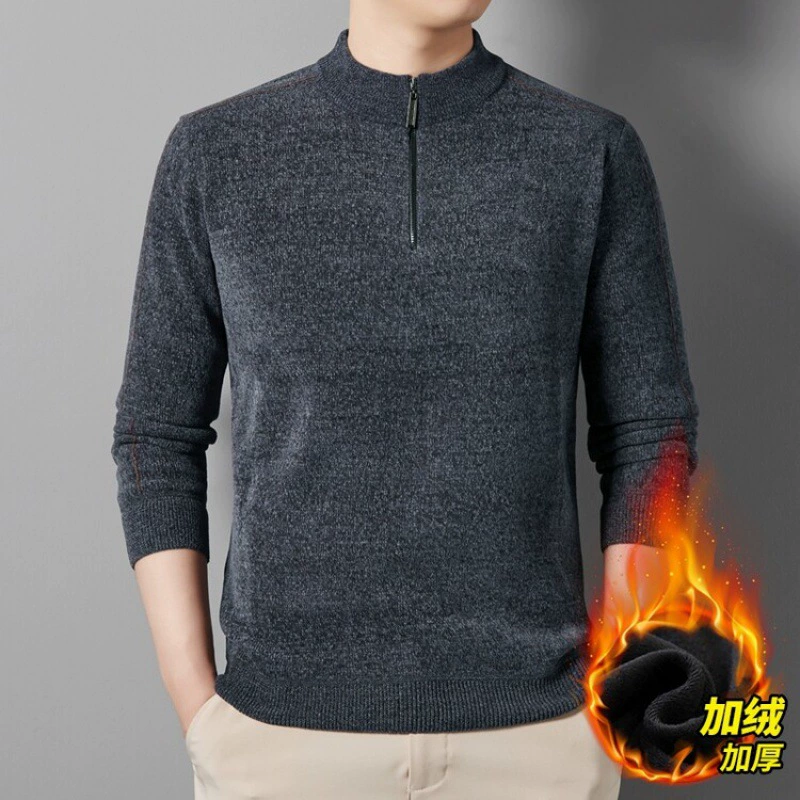 Мужской свитер Chenier плюшевый и теплый 2024 осень и зима новый пол-молния свитер с воротником