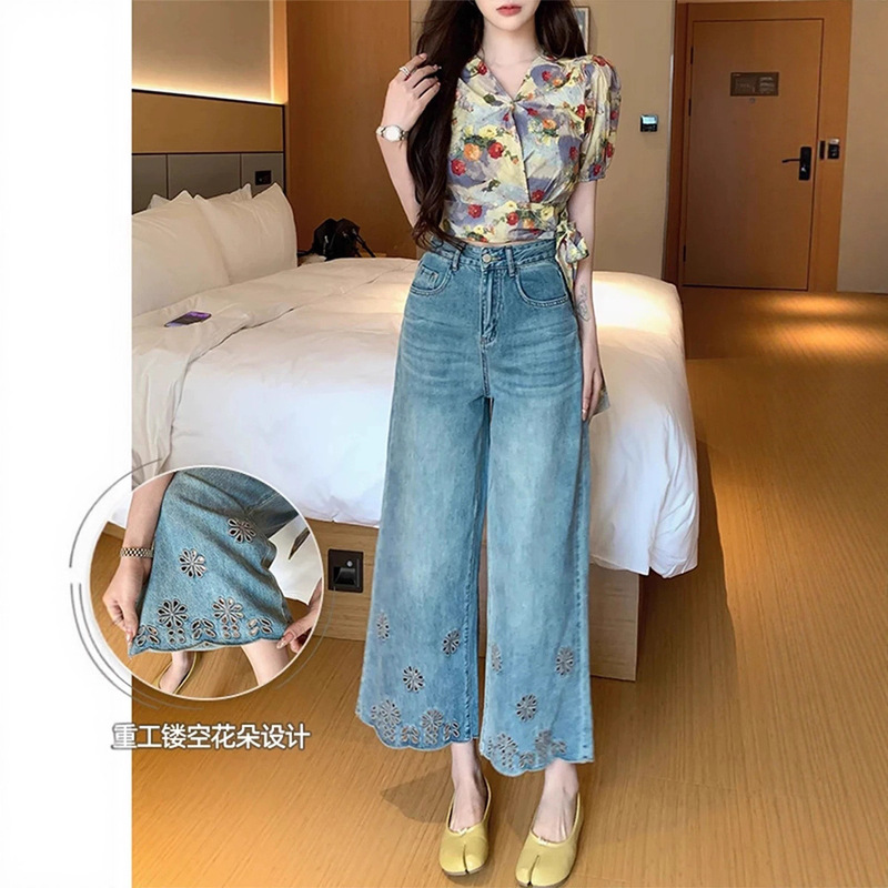 Hollow Design Plus-Size Cropped Jeans for Women, Summer New Style, Loose High-Waisted Slimming Straight Wide-Leg Pants for Plus-Size Women