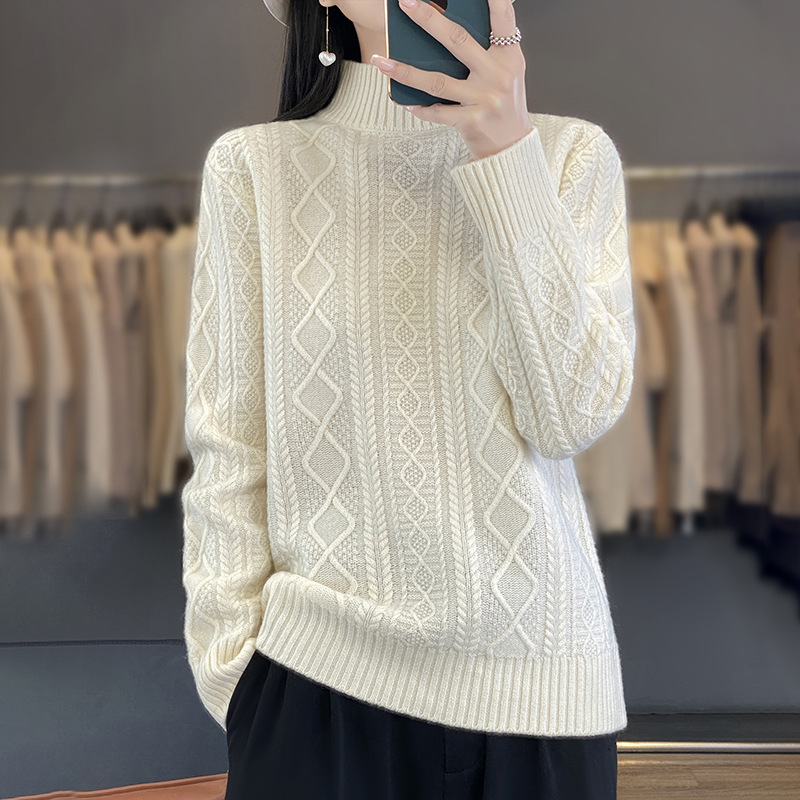 2024 New Autumn and Winter Half Turtleneck Cable Non-sweater for Women Thickeneded Knitwear Pullover Knitwear Versatile Bottoming Shirt for Women