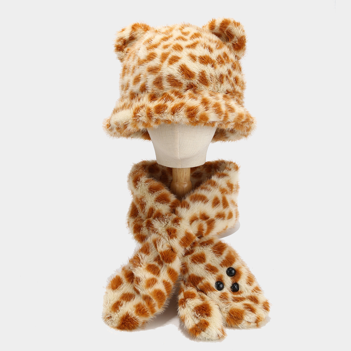 Coreano lindo oso orejas de peluche sombrero bufandas de dos piezas de invierno caliente a prueba de frío leopardo conjunto de buñuelo cruzado