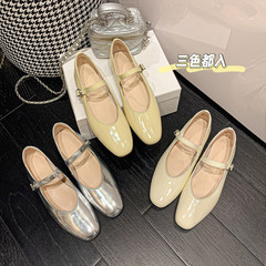 2022新款瑪麗珍鞋女 里外全皮 韓版純色圓頭平底鞋淺口銀色單鞋女