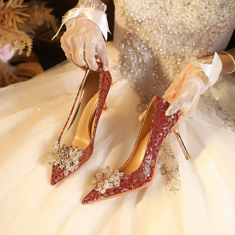 828-10 New Chinese-Style Dress Crystal Stiletto Shallow Wedding Shoes Women's Xiuhe High Heels Bridal Shoes Crystal Wedding Shoes
