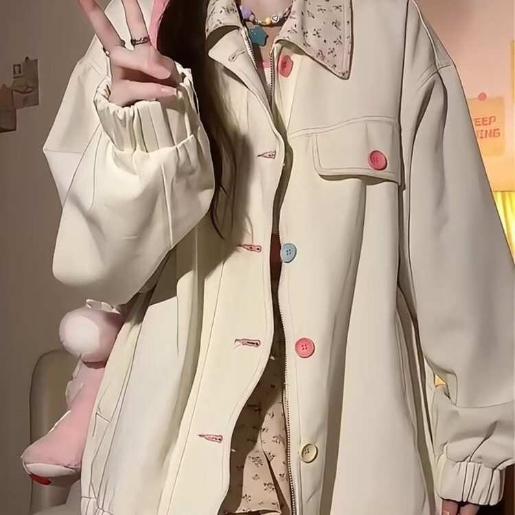 Pink Floral Contrast Lapel Jacket for Women Spring & Fall 2025 New Design Loose, Sweet and Cute Niche Jacket