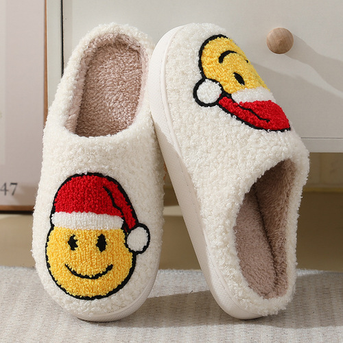New style comfortable home cute cartoon Santa hat smiling face winter cotton slippers for men and women couples warm cotton slippers