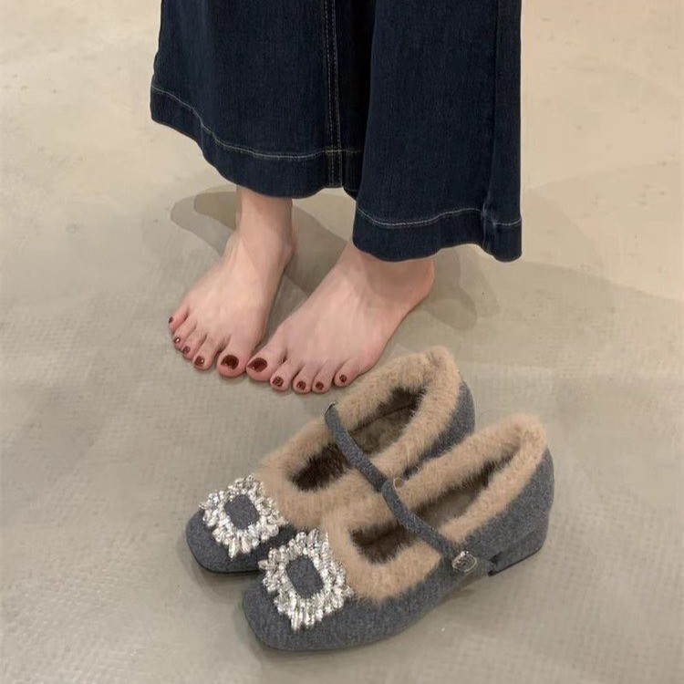 水钻方扣毛毛玛丽珍鞋女秋冬加绒方头一字带粗跟鞋子保暖法式单鞋
