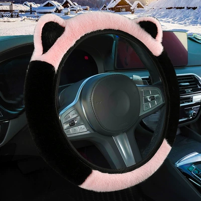 Steering wheel cover cover winter plush cat ears - black-pink-38cm