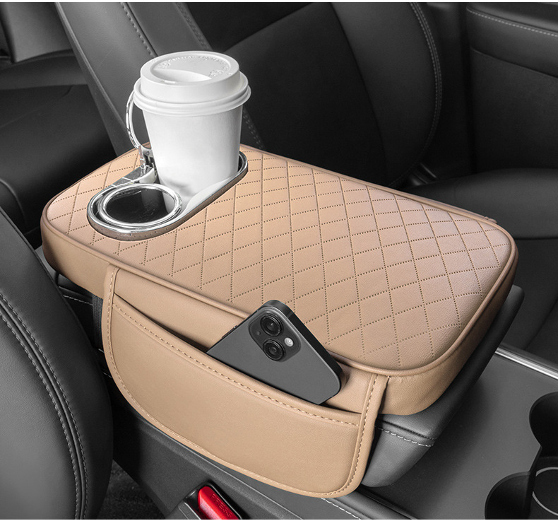 Car Armrest Box Booster Pad Central Armrest Box Cover Cushion Multifunctional Storage Bag Water Cup Holder Leather Protective Pad