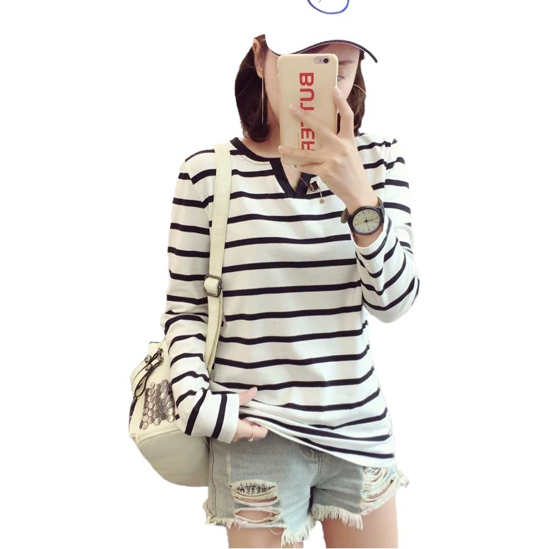 Оптовая продажа 2020 осень новая Корейская женская тонкая полосатая футболка с V-образным вырезом и длинными рукавами Женская Базовая рубашка поколение волос