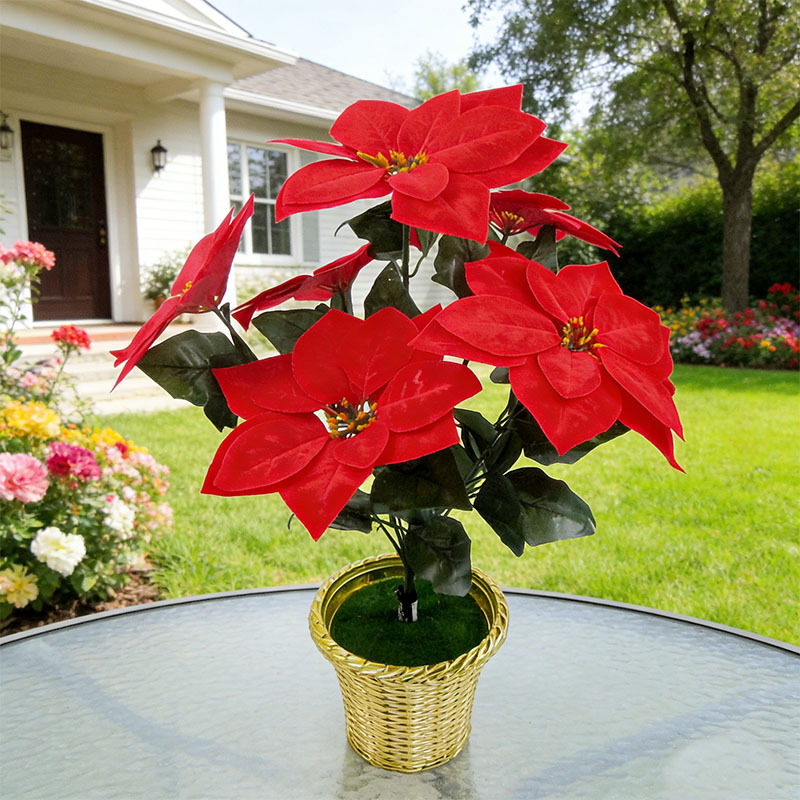Flores artificiales de Navidad al por mayor del fabricante, flores de pascua, flores navideñas, flores de pascua de cinco y siete cabezas, flores de seda simuladas, flores artificiales