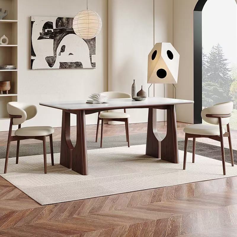 Mesas y sillas de comedor de madera maciza de estilo antiguo, mesa de comedor de tablero de roca para el hogar rectangular pequeño apartamento de celebridades de Internet negro retro francés