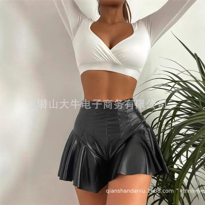 2025 New European and American Amazon Cross-Border Women's Short Skirts, Low-Waist Shorts, Sexy High-Elastic Butt-Lifting Bright Leather Culottes