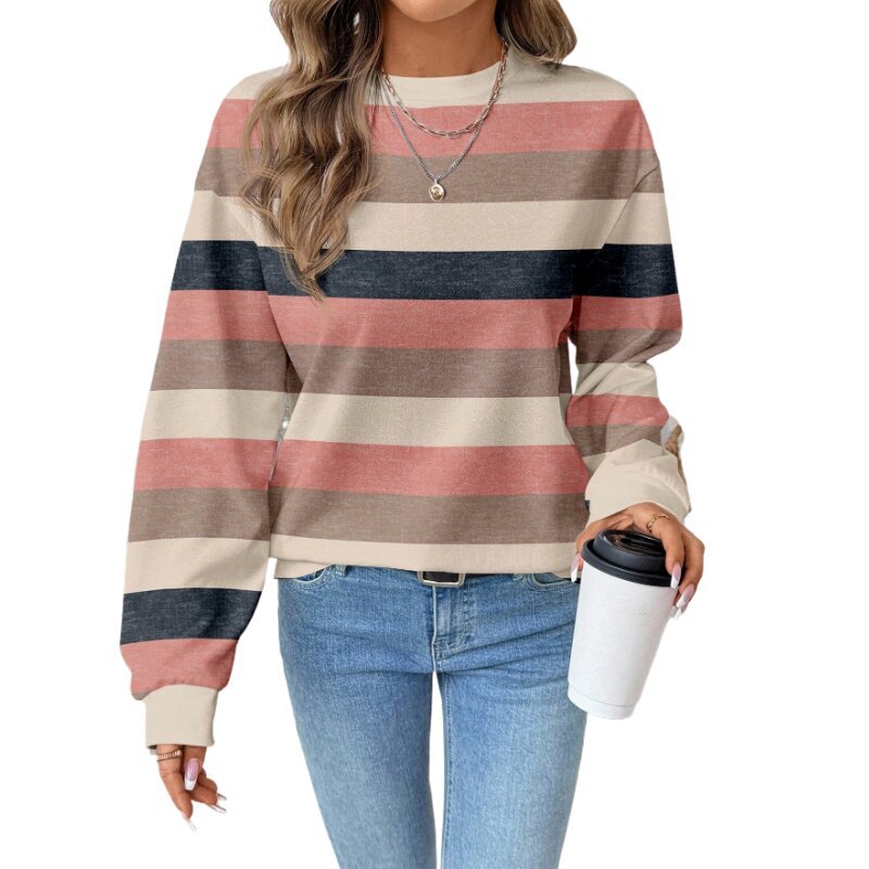 Shein European and American Retro Striped Print Sweatshirt for Women, Autumn Fashion Trendy Loose Round Neck Inner Top 5