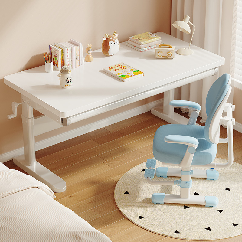 Children's Study Table Home Liftable Posture Correction Writing Desk Primary School Student Desk and Chair Set Solid Wood Large White Table