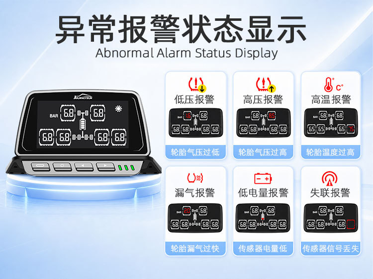 Six-wheel truck tire pressure monitor with large screen display, available with built-in or external options, truck-specific TPMS tire pressure alarm