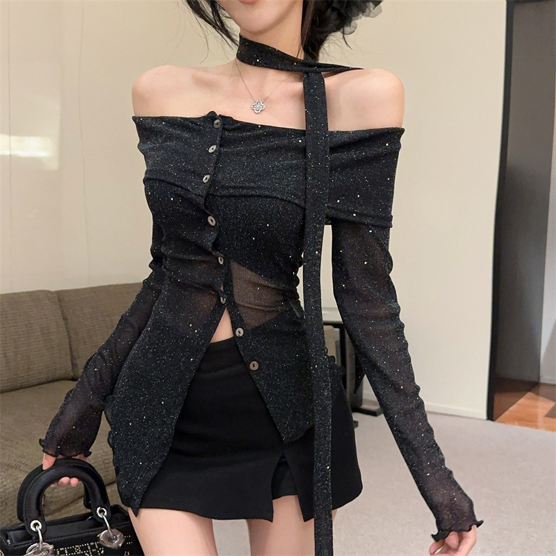 Socialite Elegant Slim-fit Mesh Sense Flash Sequins Black off-shoulder Spice Girl Irregular Top Women