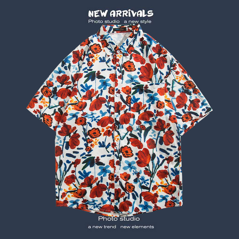 Camisa floral de manga corta Estilo de Hong Kong estilo retro de vetiver Estilo coreano moda guapo camisa de hombres y mujeres de moda y top de hadas