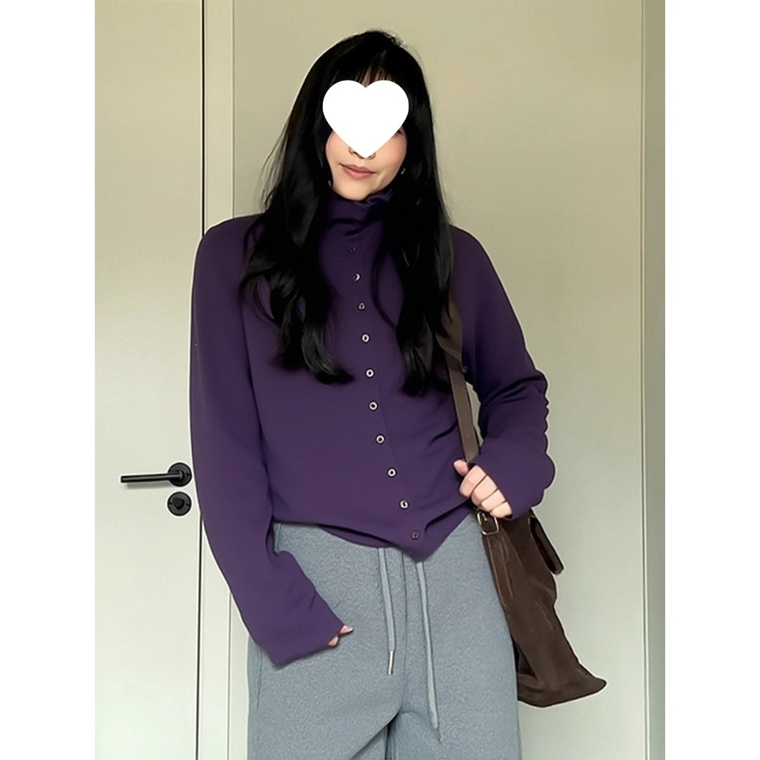 极简高领排扣针织毛衣女2026秋冬显瘦长袖紫色高级感内搭上衣