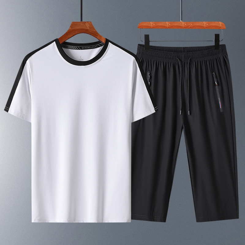 Trajes de hielo para hombres, trajes deportivos casuales de cuello redondo, mangas cortas, pantalones sueltos de siete puntos para hombres, set transpirable de verano de secado rápido de dos piezas