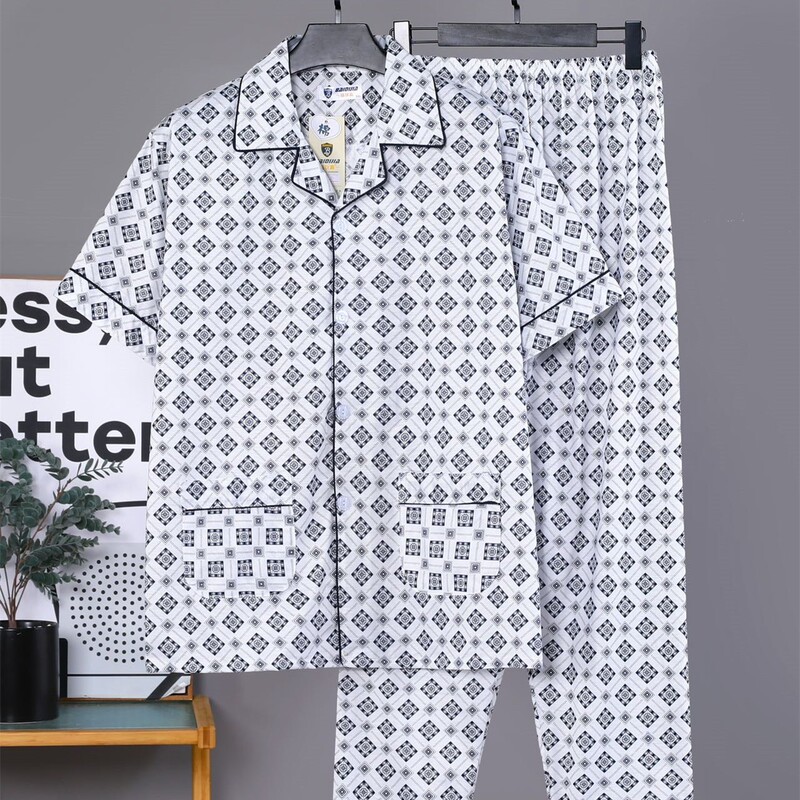 2026 New Style Men's Summer Pajamas Set, Plus Size Short-Sleeve Long Pants Men's Cardigan Set, Home Wear, Knitted Cotton