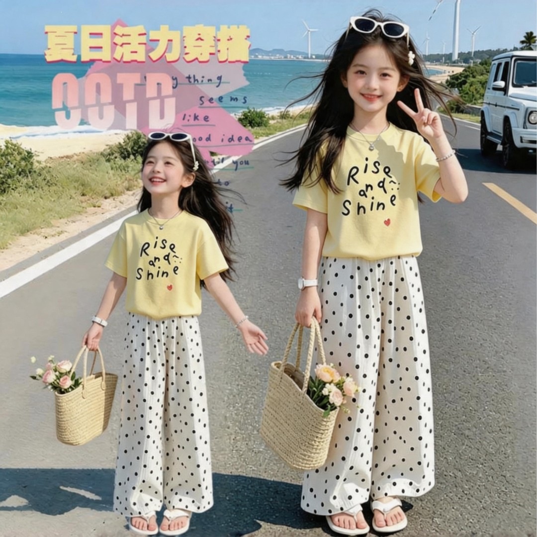 女童针织短袖白色波点裤套装2026夏季新款休闲儿童超好看两件套潮