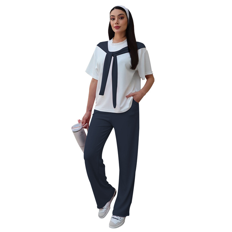 Women's Clothing Women's Faux Wrap Short Sleeve Top And Straight Leg Pants Set Patchwork White Round Neck Summer Fashion Casual Outfit_ecoleips.com