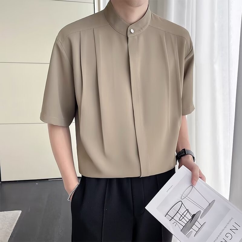 Direct Sale from the Manufacturer: Ice Silk Drapey Chinese-Style Short-Sleeve Pleated Solid Color Shirt, Trendy Men's 3D Cut Mid-Sleeve Shirt