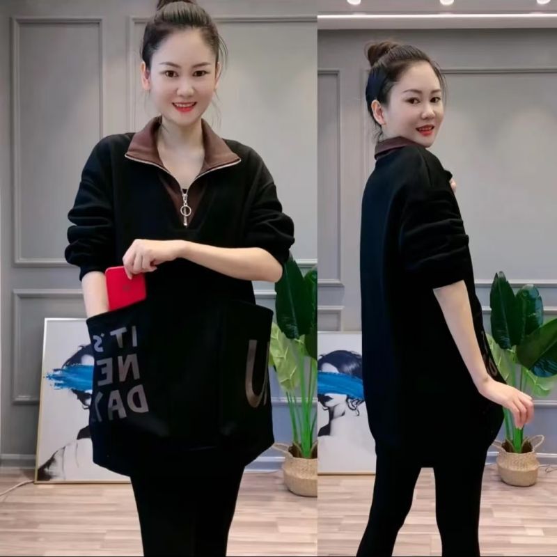 2026 Spring and Autumn New Style Fleece-Lined Thickened Stand Collar Mid-Length Outerwear with Large Pockets, Age-Reducing and Slimming Sweatshirt