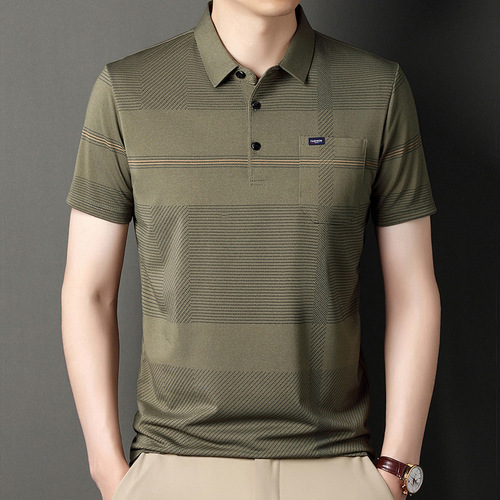 Father's Day Ice Silk T-Shirt Men Short Sleeve Striped True Pocket Polo Collar Loose Middle-Aged Dad Set Summer Wear