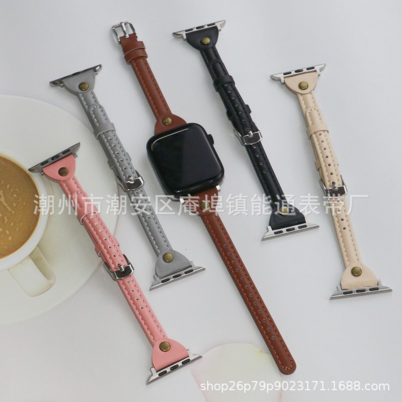 Suitable for iWatch Watch T-Shaped Rivet Buckle Thin Small Waist Leather Apple Watch Strap Smart Quick Release Strap