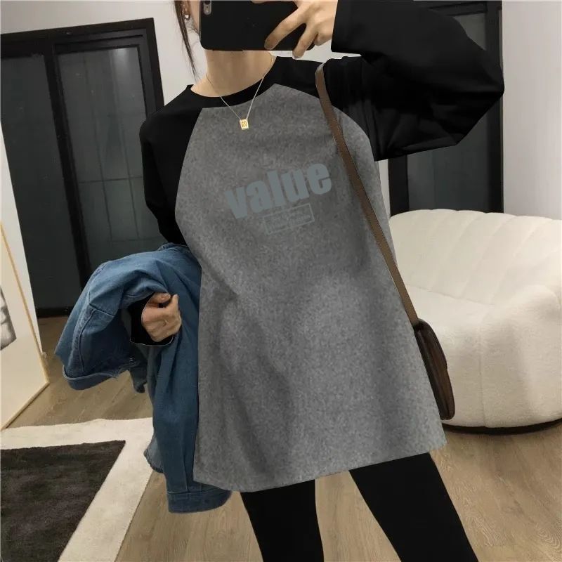 Autumn and Winter New Style German Velvet Spliced Sleeve T-Shirt Slimming Look Loose Fleece-Lined Long-Sleeved Versatile Printed Mid-Length Maternity Top Autumn and Winter New Style German Velvet Spliced Sleeve T-Shirt Slimming Look Loose Fleece-Lined Long-Sleeved Versatile Printed Mid-Length Maternity Top