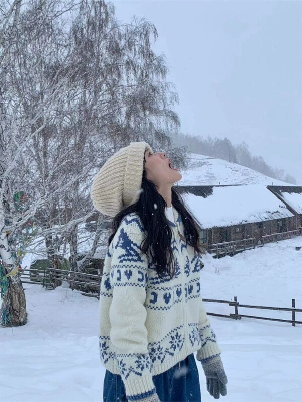 Pump/Winter Ski Nordic Retro Fair Island Christmas Tree Sweater Loose Knitted Cardigan Jacket Women's Spring