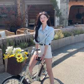 春夏新款韩系chic别致大方得体穿搭套装翻领衬衫纯系裙子两件套女