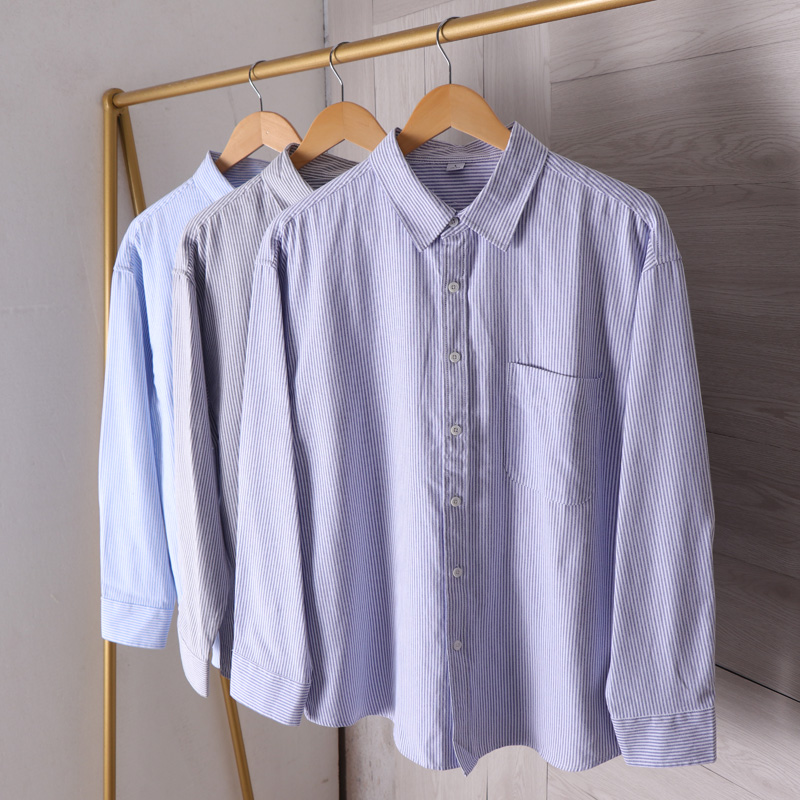 日系牛津纺色织棉混透气2025秋季男士时尚休闲条纹百搭长袖衬衫潮