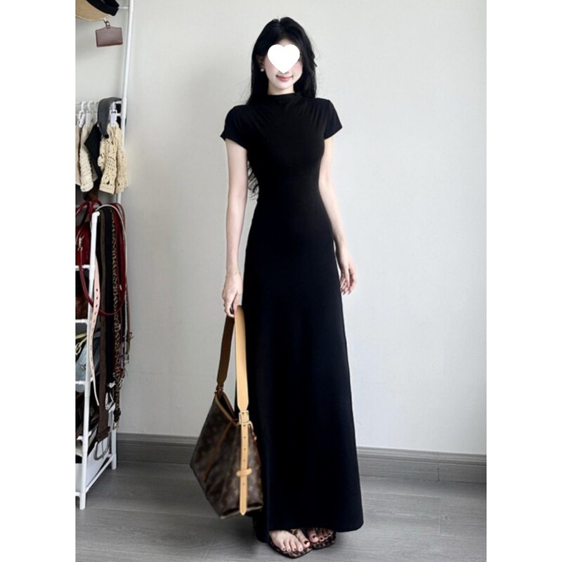 French-Style Elegant Black Short-Sleeved Dress for Women, Autumn-Inspired, Slim-Fitting, Waist-Cinching, Stunning Bodycon Long Dress