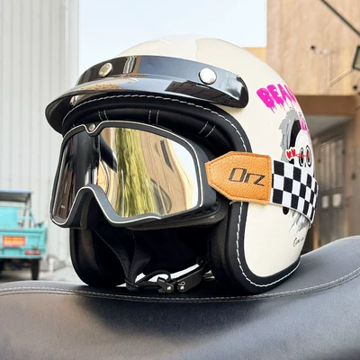 3C Certified 3/4 Helmet, Retro Half Helmet, Motosiklet kaskı (dəbilqə) - milky-white-skull-retro-black-and-silver-goggles-m