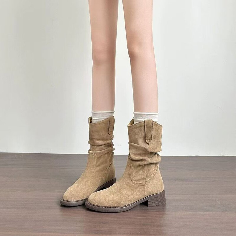Women's Versatile Slouch Boots 2025 New Autumn V-Cut Slim Mid-Calf Boots Ruched Slouch Martin Boots
