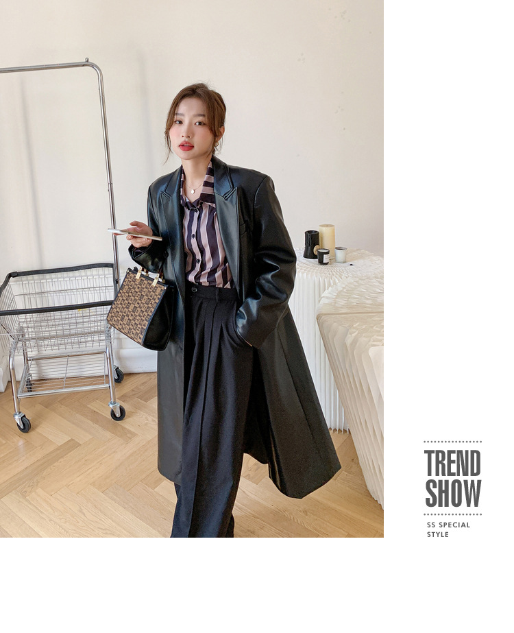 Women's Black Pu Leather Blazer Slim Fit Elegant Spring Coat_voghion.com