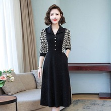 春秋新款妈妈长袖连衣裙时尚中长款秋装中年女装洋气拼接显瘦裙子