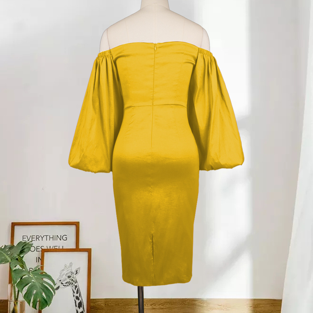 ​​"Sexy Off-Shoulder Tube Top Dress With Lantern Sleeves - High Waist Bodycon Party Dress In Yellow & Violet (S-XXXL) | Stretchy & Flattering Fit"​​_voghion.com