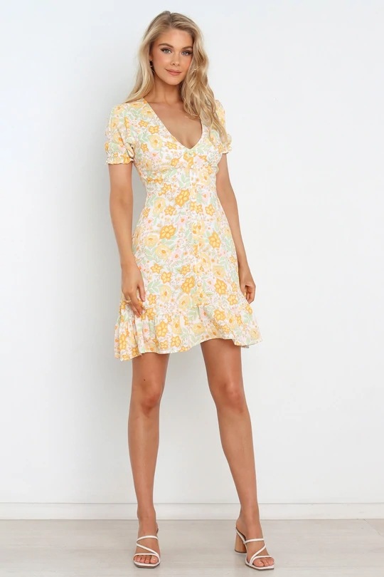 floral print ruffled short-sleeved V-neck short dress  NSCXY121968