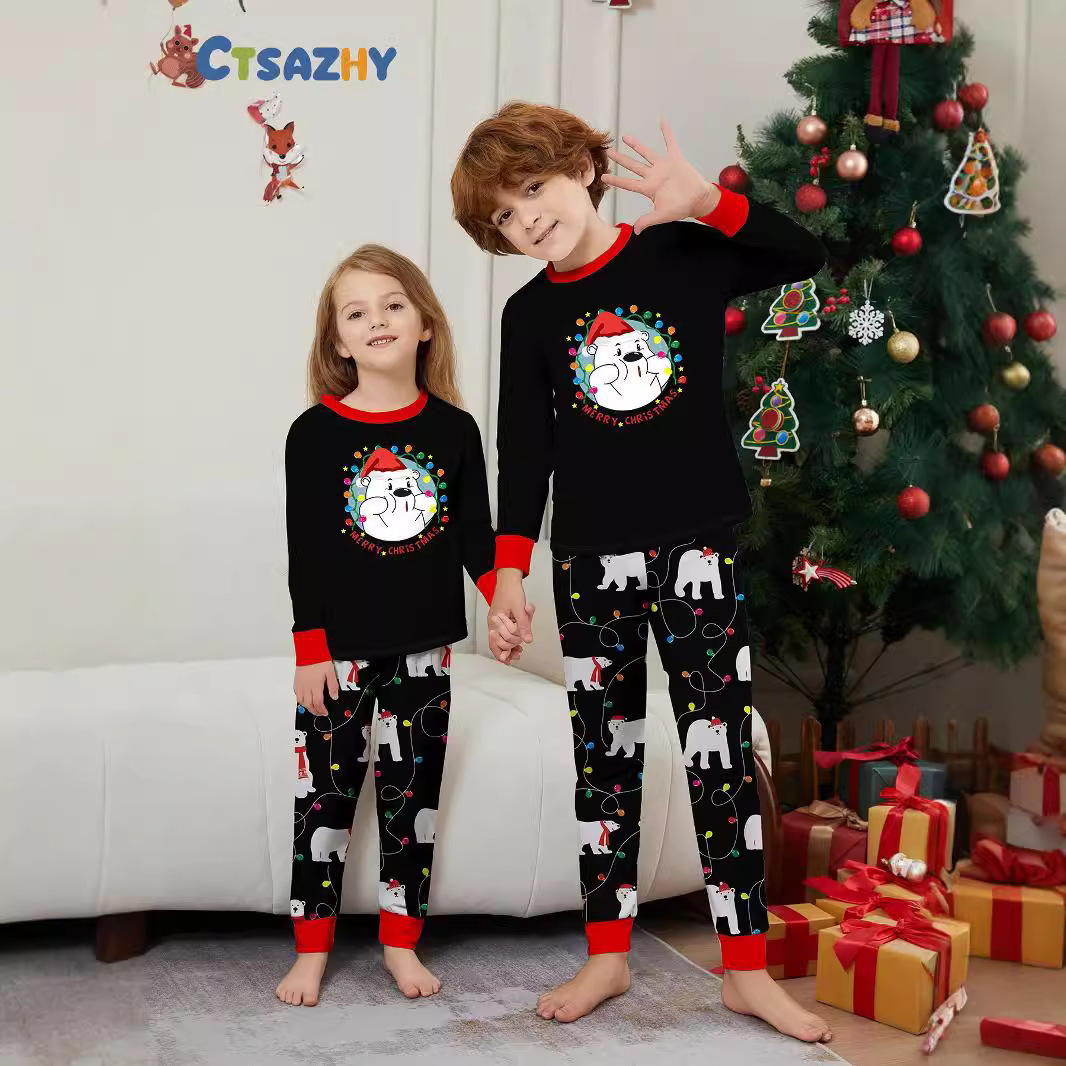 Printed Christmas family pajamas Polar bear seven-color lights mother and daughter dress Christmas loungewear_viptrois.com
