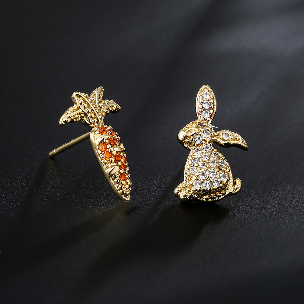 3g Weight Zircon Inlay Material Sweet Cute Rabbit Carrot Shape Copper Plated 18k Gold Zircon Earrings Stud