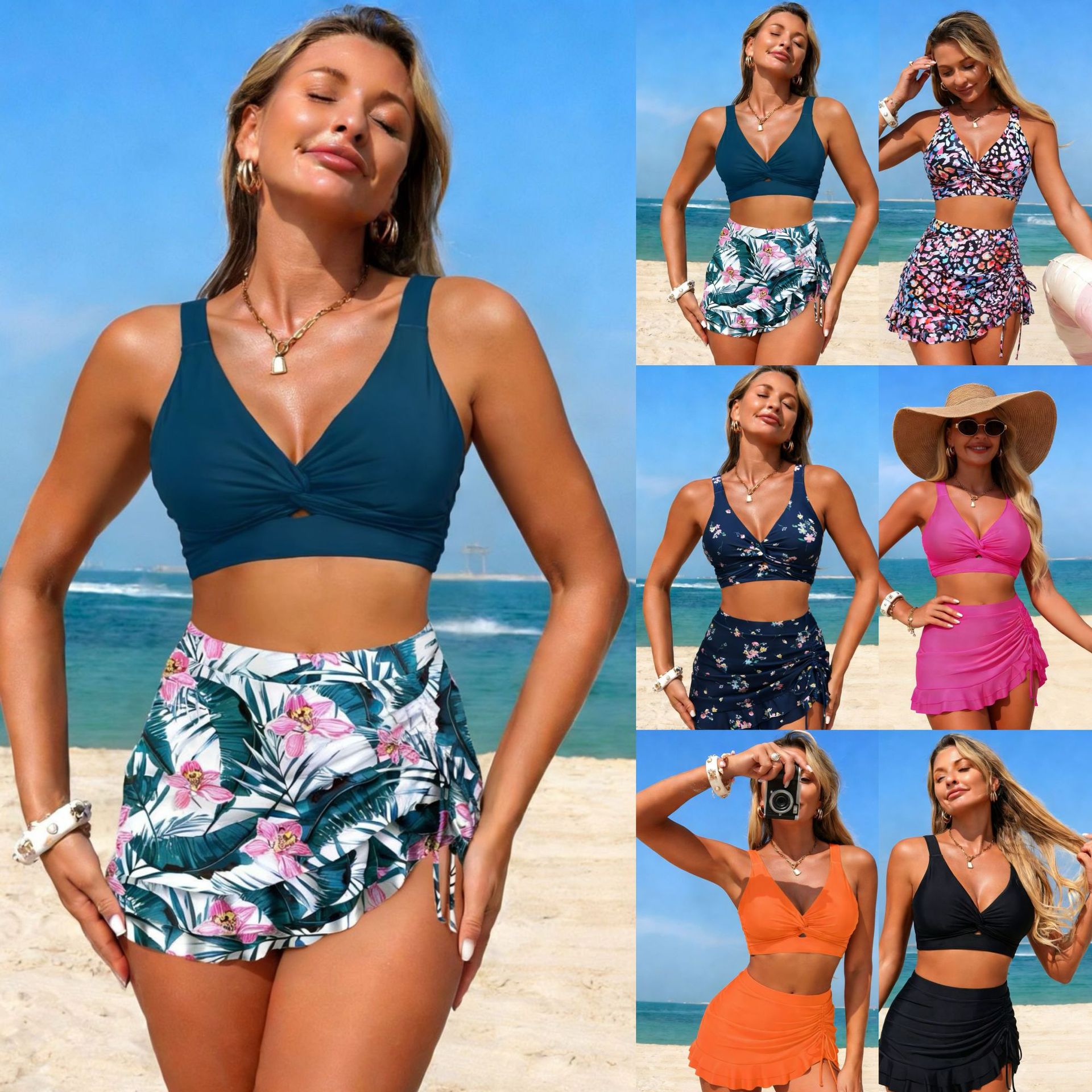 Damesbikini met veelkleurig trekkoordrokje, nieuwe stijl 2026, tweedelig badpak, Europese en Amerikaanse export, op voorraad._voghion.com