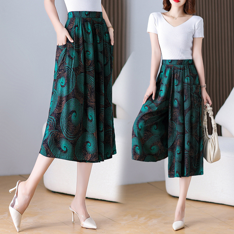 Summer Thin Cotton Silk Cropped Pants Women's Wide Leg Pants Plus Size High Waist Elastomer Culottes Slimming Pocket Shorts Women