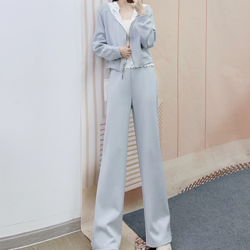 Spring 2025 New Fashion Lace Hat Sweater Top Casual Straight Pants Two-Piece Set of Pants