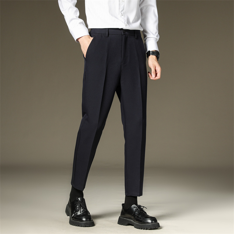 Small Western Pants Men's Nine-point Slim-fit Straight Casual Pants fleece-lined Men's High-grade Dosing Black Autumn and Winter Suit Pants