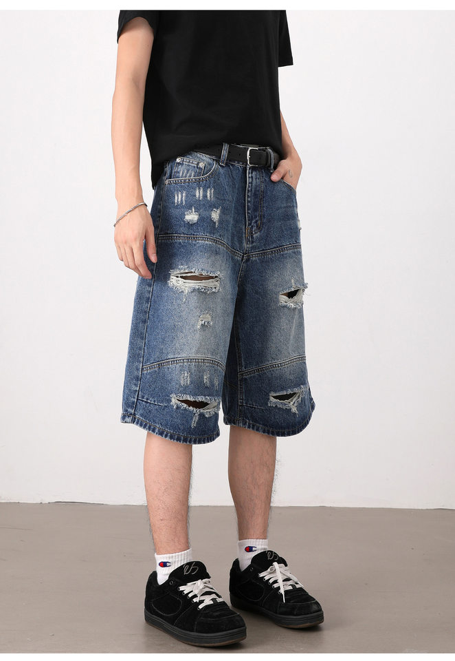 Quần short jean nam dáng rộng phong cách retro, rách giặt mài, lửng ống đứng — Màu xanh dương chi tiết 10